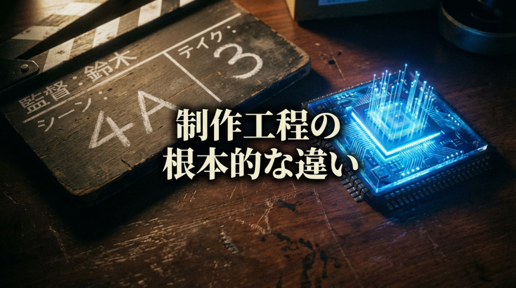 映画撮影用カチンコと光るマイクロチップが並んだ画像。「制作工程の根本的な違い」というテキスト付き。