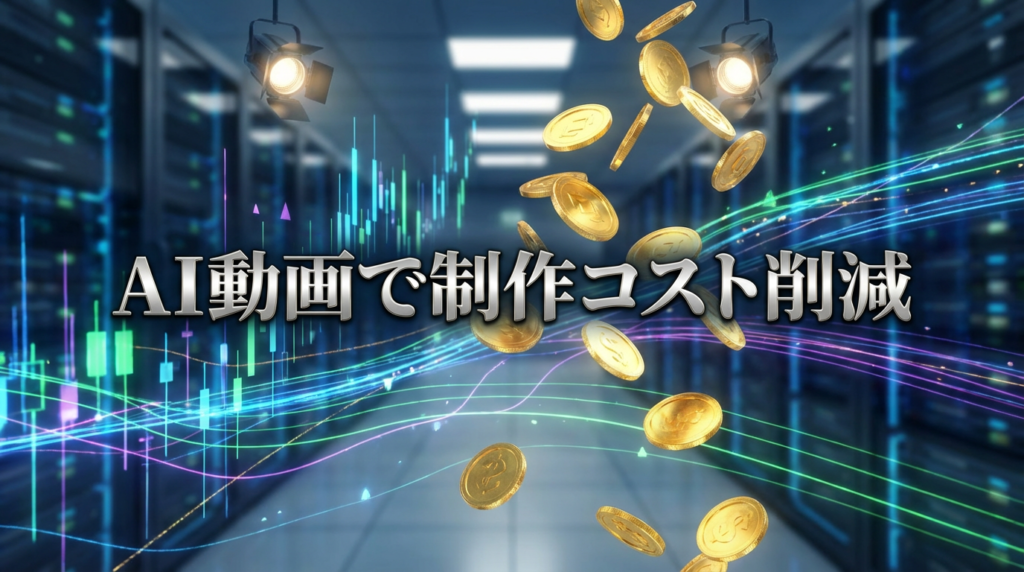 空中に浮かぶデジタルグラフと黄金のコインの画像。「AI動画で制作コスト削減」というテキスト付き。