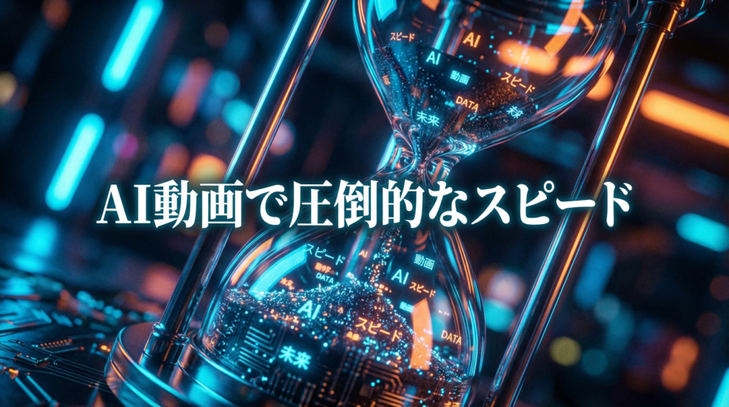 デジタル粒子が流れ落ちる未来的な砂時計の画像。「AI動画で圧倒的なスピード」というテキスト付き。