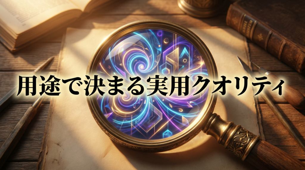 デジタルの抽象画をアンティークのルーペで覗き込んでいる画像。「用途で決まる実用クオリティ」というテキスト付き。