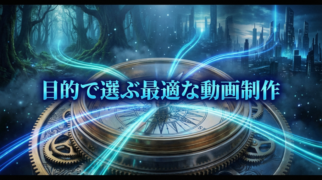 光る道筋を指し示す金属製コンパスの画像。「目的で選ぶ最適な動画制作」というテキスト付き。