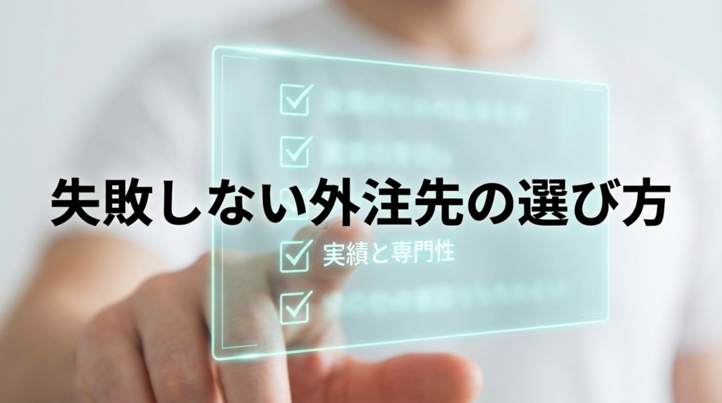 ホログラムのチェックリストに指先で触れている画像。「失敗しない外注先の選び方」というテキスト付き。