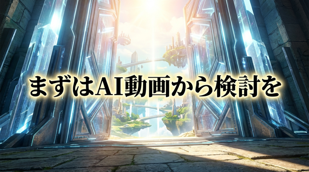 光り輝く空間へと開かれた未来的な扉の画像。「まずはAI動画から検討を」というテキスト付き。