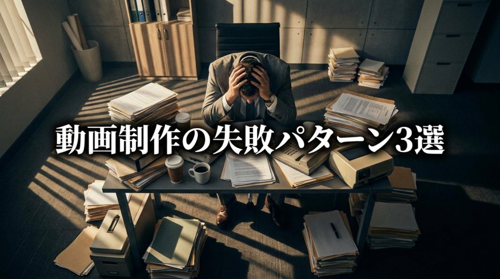 書類の山の中で解決策を探すビジネスパーソンのイメージ（「動画制作の失敗パターン3選」のテキスト入り）