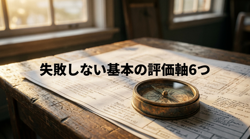 机の上に置かれたアンティークのコンパスと青写真のイメージ（「失敗しない基本の評価軸6つ」のテキスト入り）