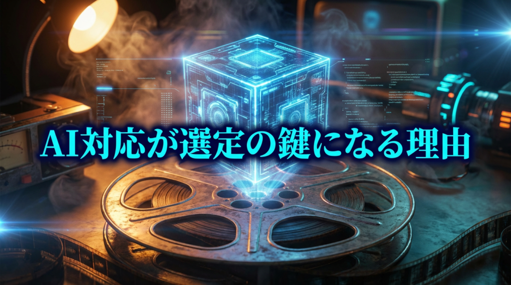 映画用フィルムリールから浮かび上がる青いデジタルホログラムのイメージ（「AI対応が選定の鍵になる理由」のテキスト入り）
