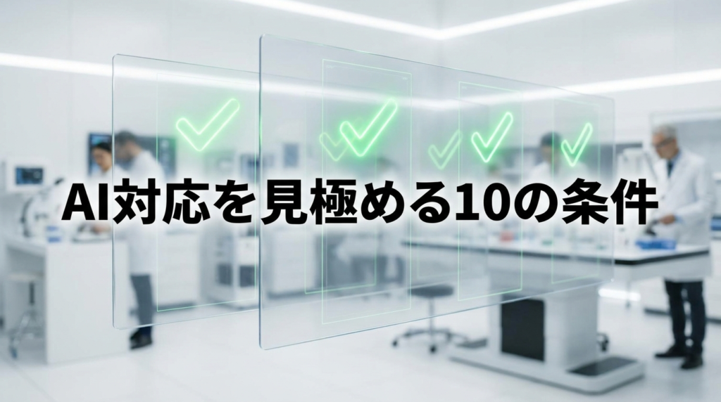透明なデジタルスクリーンに現れる光る緑色のチェックマークのイメージ（「AI対応を見極める10の条件」のテキスト入り）