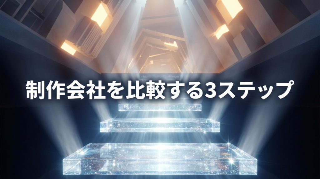光の差す未来的な空間へと続くクリスタルの階段のイメージ（「制作会社を比較する３ステップ」のテキスト入り）