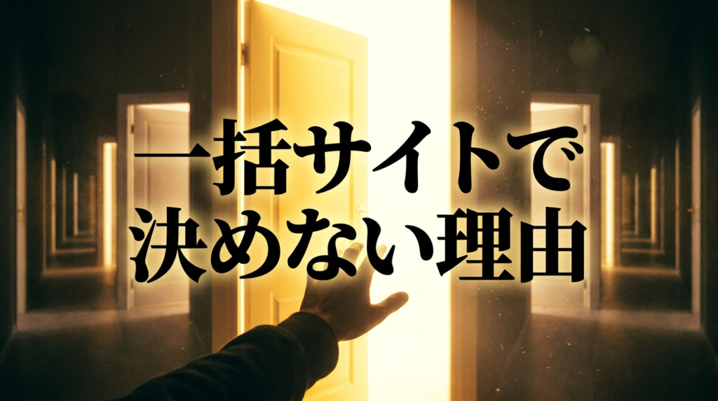 無数の扉の中から自ら光り輝く扉を開けようとしている手のイメージ（「一括サイトで決めない理由」のテキスト入り）