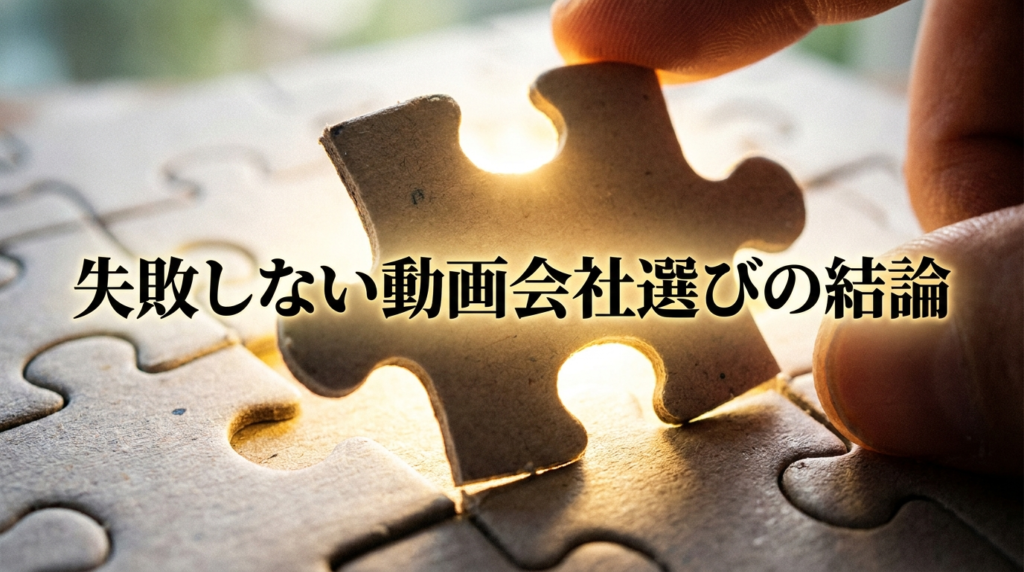 最後のピースがパズルにはめ込まれる瞬間のイメージ（「失敗しない動画会社選びの結論」のテキスト入り）