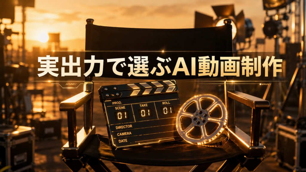 「実出力で選ぶAI動画制作」というテキストが中央に配置された、撮影現場のディレクターズチェアに置かれた未来的なカチンコと光るフィルムリールの画像