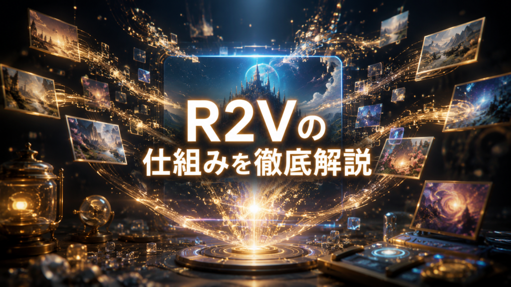「R2Vの仕組みを徹底解説」というテキストが中央に配置された、空中に浮かぶ写真から新しい映像が再構築されるプロセスの画像