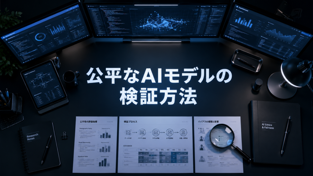 「公平なAIモデルの検証方法」というテキストが中央に配置された、洗練されたデスクの上に並ぶモニターとルーペの画像