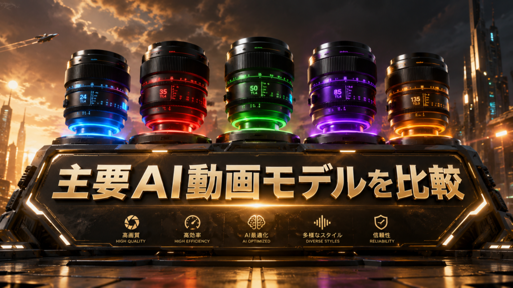「主要AI動画モデルを比較」というテキストが中央に配置された、展示台に並べられた異なる色で光る5つの高性能カメラレンズの画像