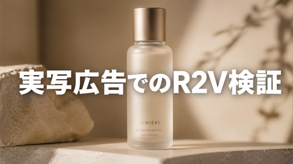 「実写広告でのR2V検証」というテキストが中央に配置された、温かみのあるベージュトーンのスタジオで撮影されたすりガラスのスキンケアボトルの画像