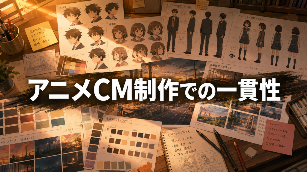 「アニメCM制作での一貫性」というテキストが中央に配置された、デスクの上に広げられたアニメ風のキャラクター設定画と背景美術パレットの画像