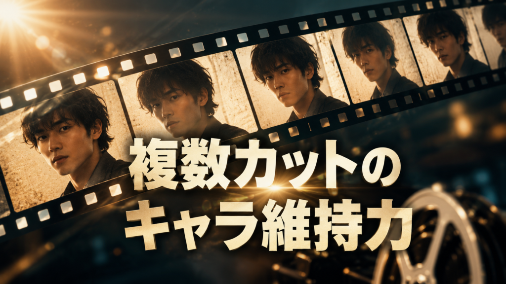 「複数カットのキャラ維持力」というテキストが中央に配置された、光にかざされた映画のフィルムストリップに連続して映る同じ青年の顔の画像
