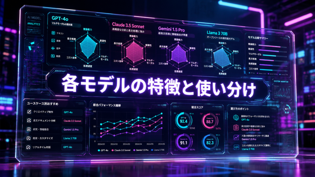 「各モデルの特徴と使い分け」というテキストが中央に配置された、透明なアクリルボード上に浮かび上がるカラフルなレーダーチャートとデータホログラムの画像
