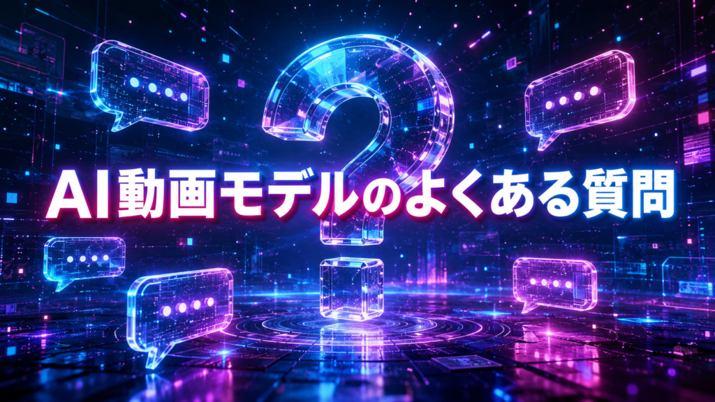 「AI動画モデルのよくある質問」というテキストが中央に配置された、サイバー空間に浮かぶ立体的なガラス素材のクエスチョンマークと光るチャットバブルの画像