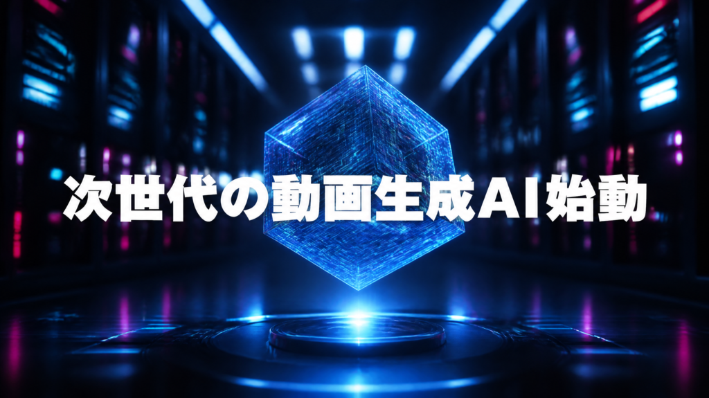未来的なデータセンターの中で、青い光を放つホログラムのデジタルキューブが静かに回転している。中央に太字のゴシック体で白色のテキスト"次世代の動画生成ＡＩ始動"が配置されている。