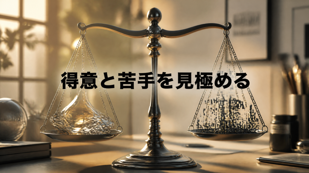 クリエイティブスタジオの机の上に金属製の天秤が置かれており、片方には滑らかな液体のガラス細工、もう片方には歪んだデジタル文字のオブジェクトが乗っている。中央に太字のゴシック体で黒色のテキスト"得意と苦手を見極める"が配置されている。