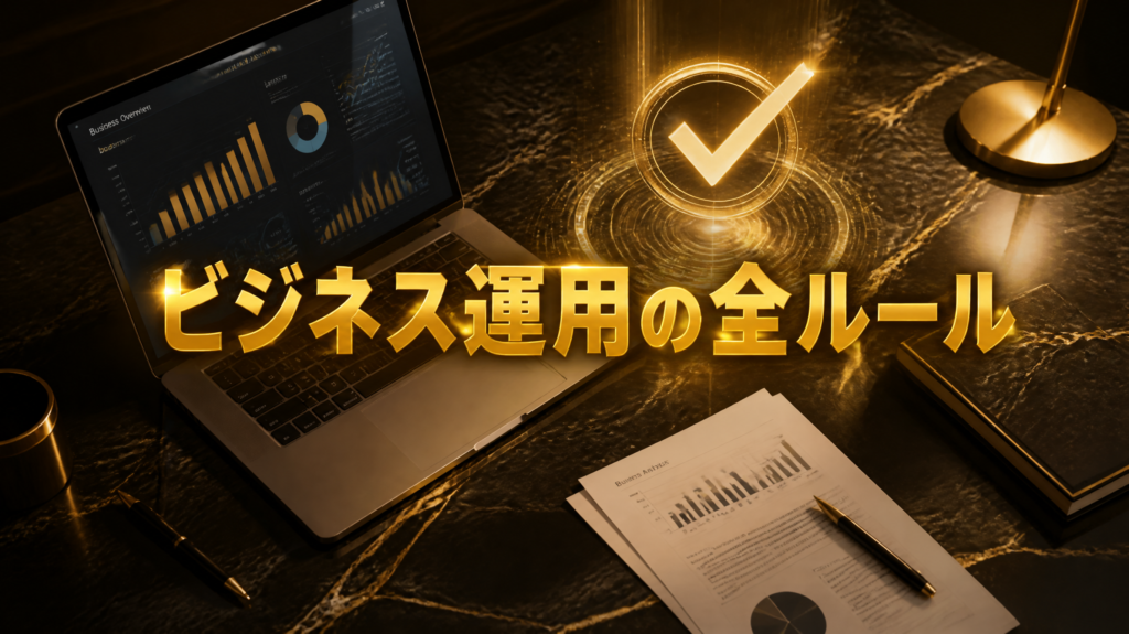 大理石のデスクの上に、ビジネス資料が表示されたノートパソコンと、ホログラムのチェックマークが浮かび上がっている。中央に太字のゴシック体でゴールドのテキスト"ビジネス運用の全ルール"が配置されている。