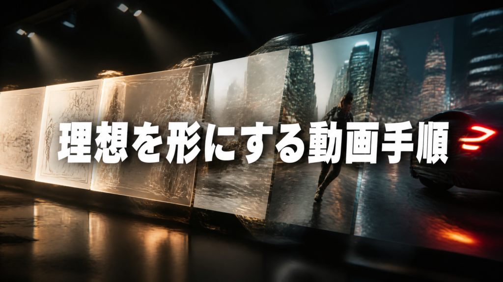暗いスタジオの中で、光り輝くストーリーボードのイラストが、次々と滑らかな3D実写動画へとモーフィングしながら流れていく。中央に太字のゴシック体で鮮やかな白色のテキスト"理想を形にする動画手順"が配置されている。