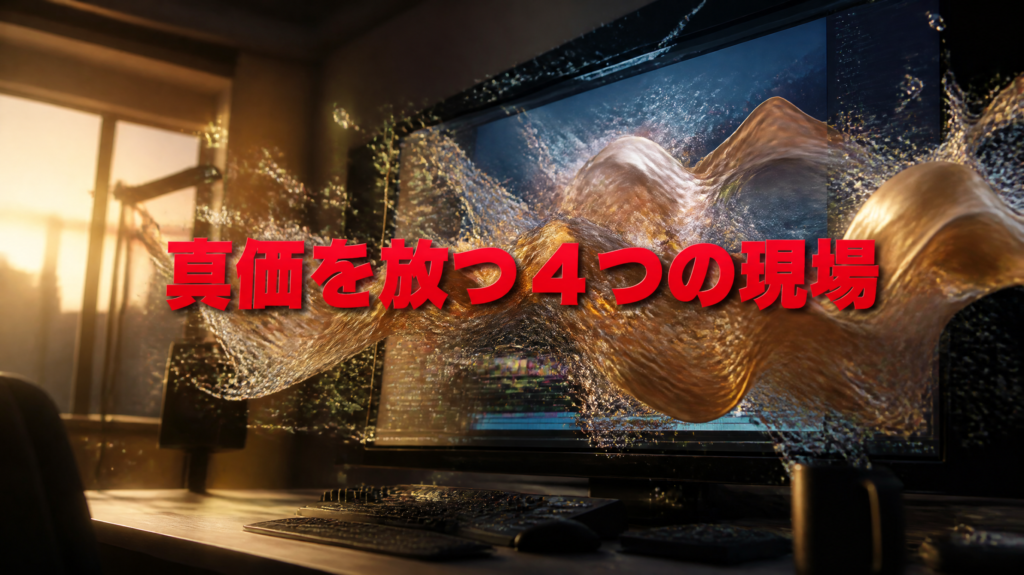 プロの映像編集室で、大画面ディスプレイからリアルな水しぶきとシルクの布が立体的に飛び出している。中央に太字のゴシック体で赤色のテキスト"真価を放つ４つの現場"が配置されている。